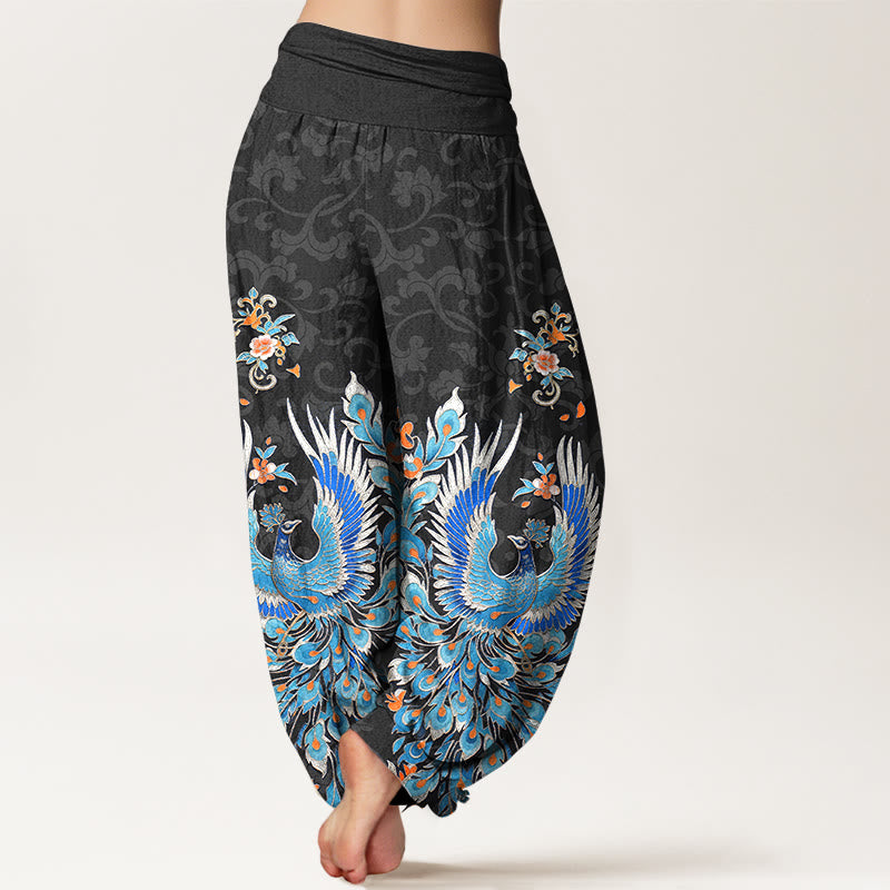 Buddha Stones Pantaloni harem da donna in cotone con motivo a fiori di pesco e fenice, con elastico in vita. - image 6