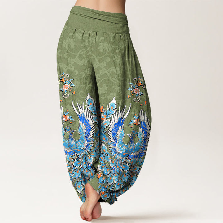 Buddha Stones Pantaloni harem da donna in cotone con motivo a fiori di pesco e fenice, con elastico in vita. - image 9