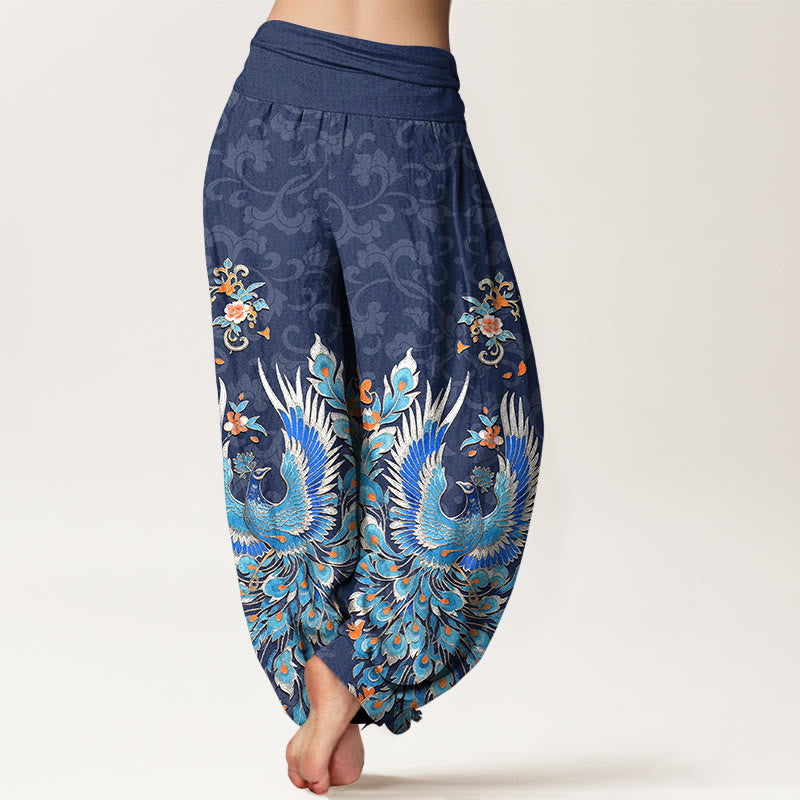 Buddha Stones Pantaloni harem da donna in cotone con motivo a fiori di pesco e fenice, con elastico in vita. - image 1