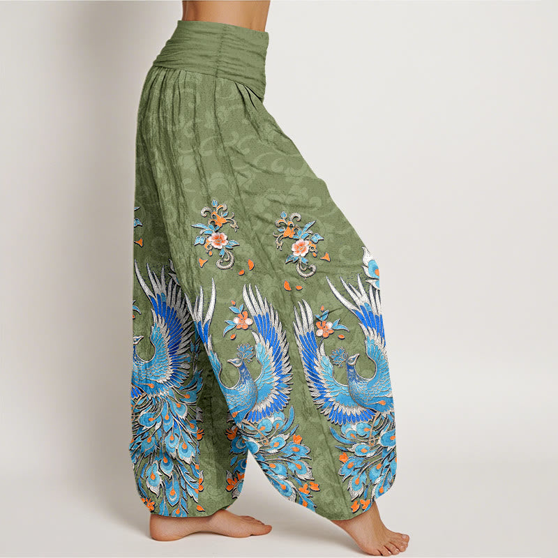 Buddha Stones Pantaloni harem da donna in cotone con motivo a fiori di pesco e fenice, con elastico in vita. - image 10