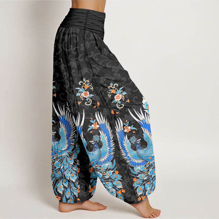 Buddha Stones Pantaloni harem da donna in cotone con motivo a fiori di pesco e fenice, con elastico in vita. - image 7