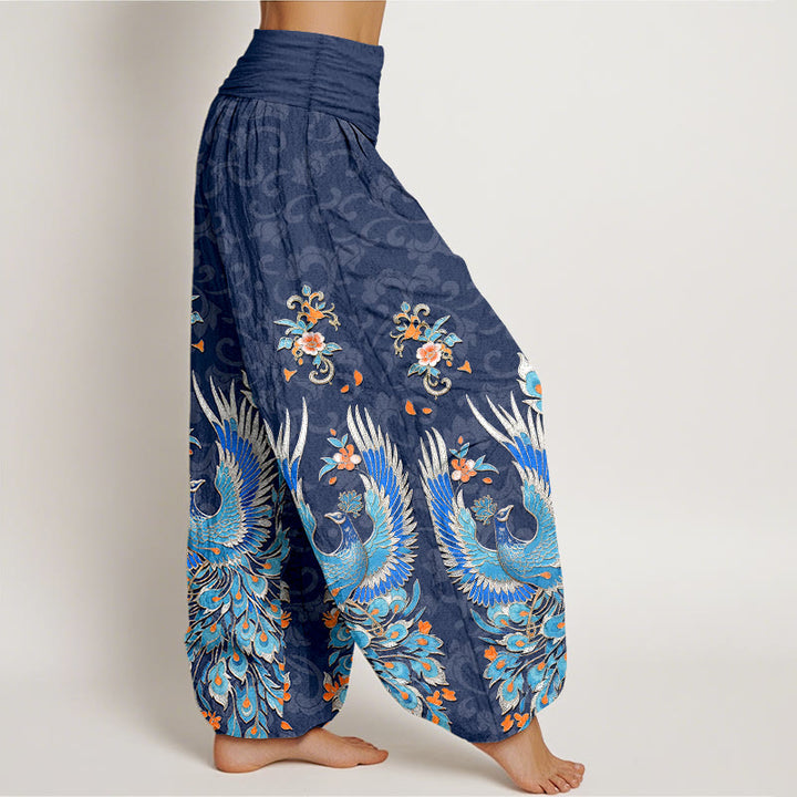 Buddha Stones Pantaloni harem da donna in cotone con motivo a fiori di pesco e fenice, con elastico in vita. - image 2