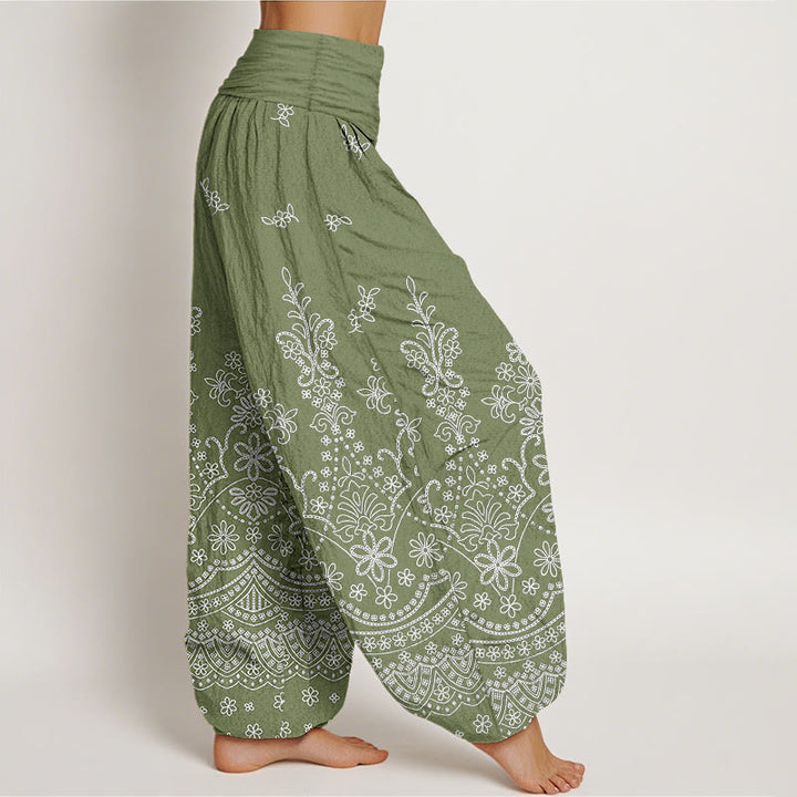 Buddha Stones Pantaloni harem da donna in cotone con motivo floreale mandala bianco e vita elasticizzata - image 2