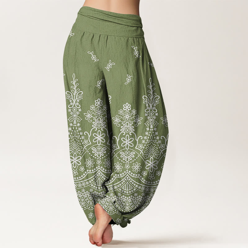 Buddha Stones Pantaloni harem da donna in cotone con motivo floreale mandala bianco e vita elasticizzata - image 1