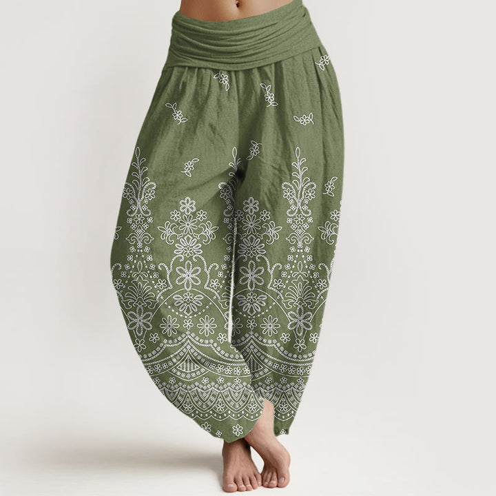 Buddha Stones Pantaloni harem da donna in cotone con motivo floreale mandala bianco e vita elasticizzata - Verde oliva - US16, UK/AU20, EU48 (3XL) - image 0