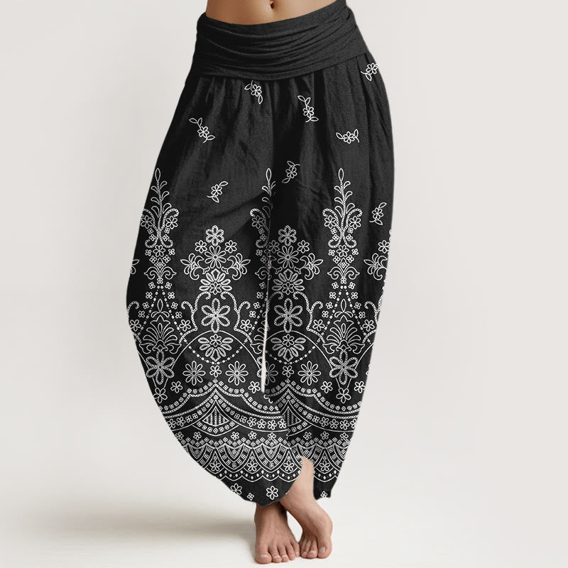 Buddha Stones Pantaloni harem da donna in cotone con motivo floreale mandala bianco e vita elasticizzata - Nero - US16, UK/AU20, EU48 (3XL) - image 5