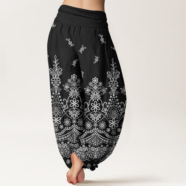 Buddha Stones Pantaloni harem da donna in cotone con motivo floreale mandala bianco e vita elasticizzata - image 6