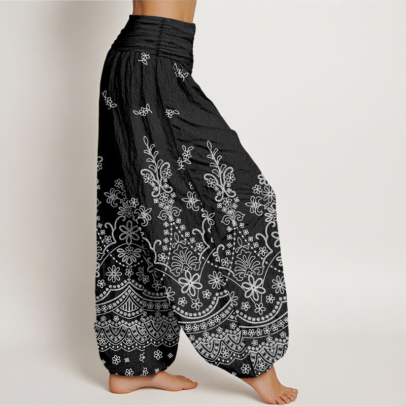 Buddha Stones Pantaloni harem da donna in cotone con motivo floreale mandala bianco e vita elasticizzata - image 7