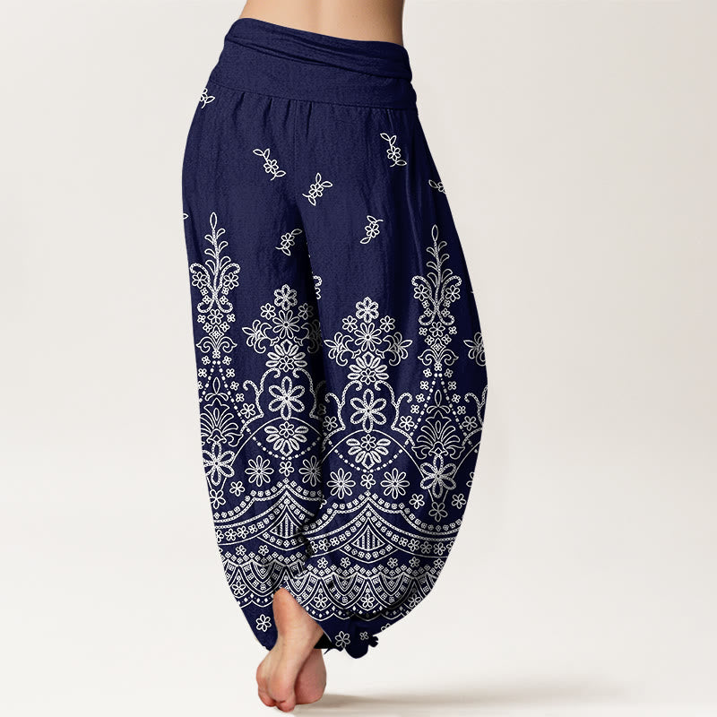 Buddha Stones Pantaloni harem da donna in cotone con motivo floreale mandala bianco e vita elasticizzata - image 9