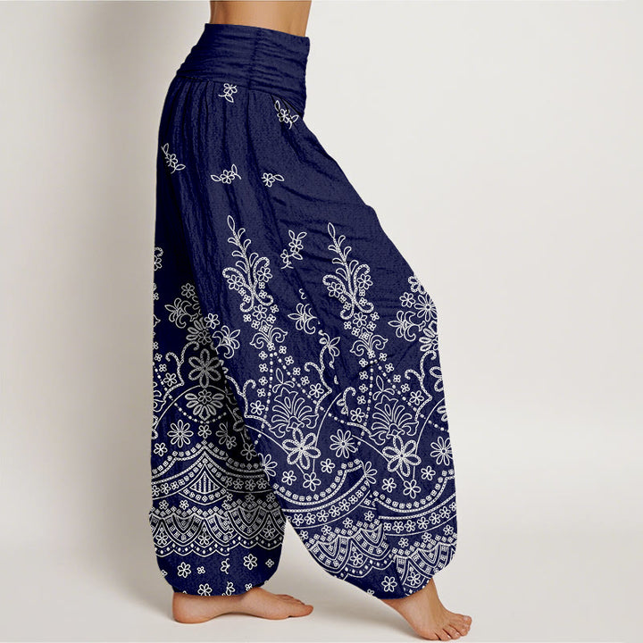 Buddha Stones Pantaloni harem da donna in cotone con motivo floreale mandala bianco e vita elasticizzata - image 10