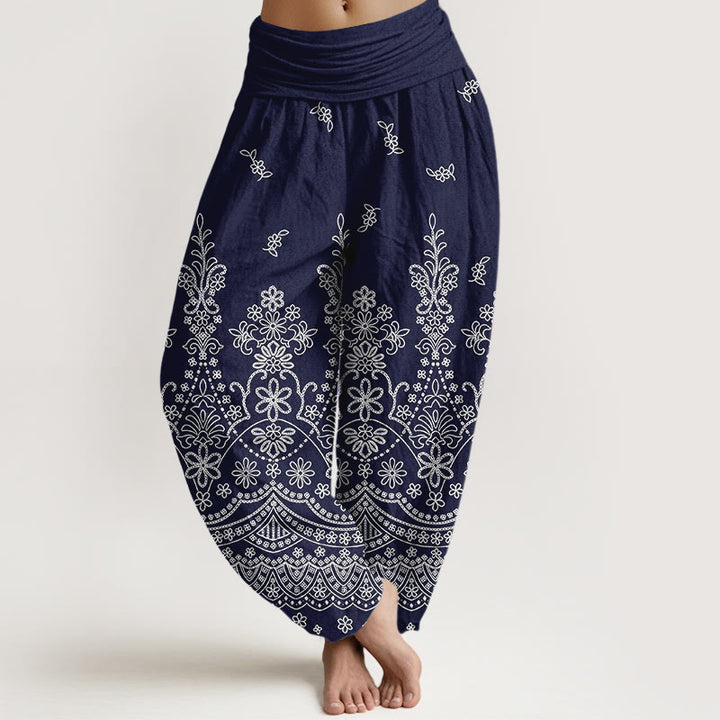 Buddha Stones Pantaloni harem da donna in cotone con motivo floreale mandala bianco e vita elasticizzata - Blu scuro - US16, UK/AU20, EU48 (3XL) - image 8