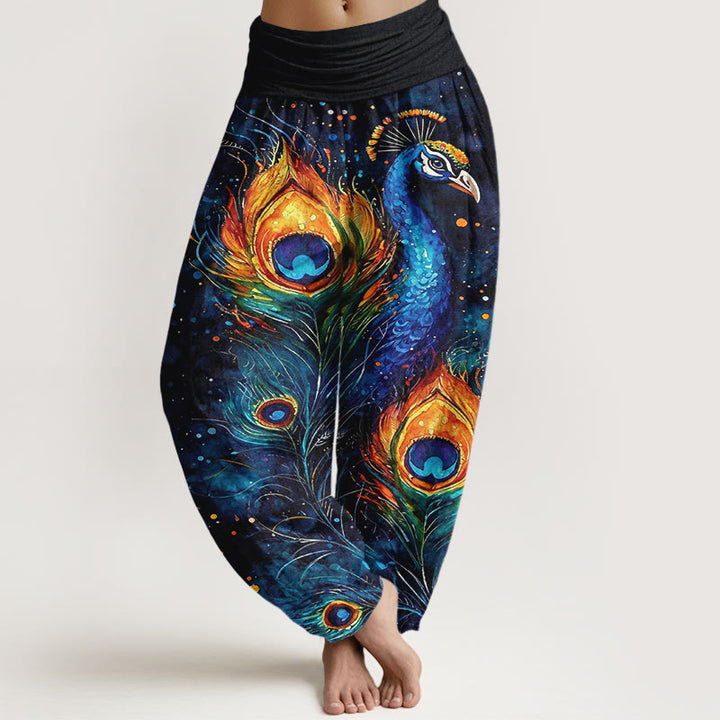 Buddha Stones Pantaloni harem da donna in cotone con motivo pavone e cielo stellato, con elastico in vita. - Blu scuro - US16, UK/AU20, EU48 (3XL) - image 0