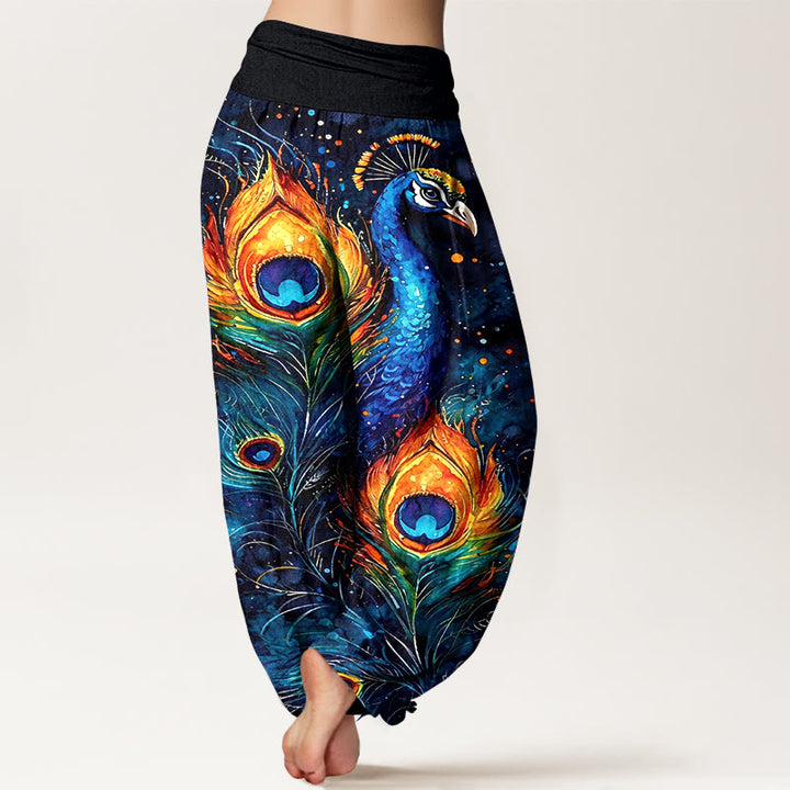 Buddha Stones Pantaloni harem da donna in cotone con motivo pavone e cielo stellato, con elastico in vita. - image 1