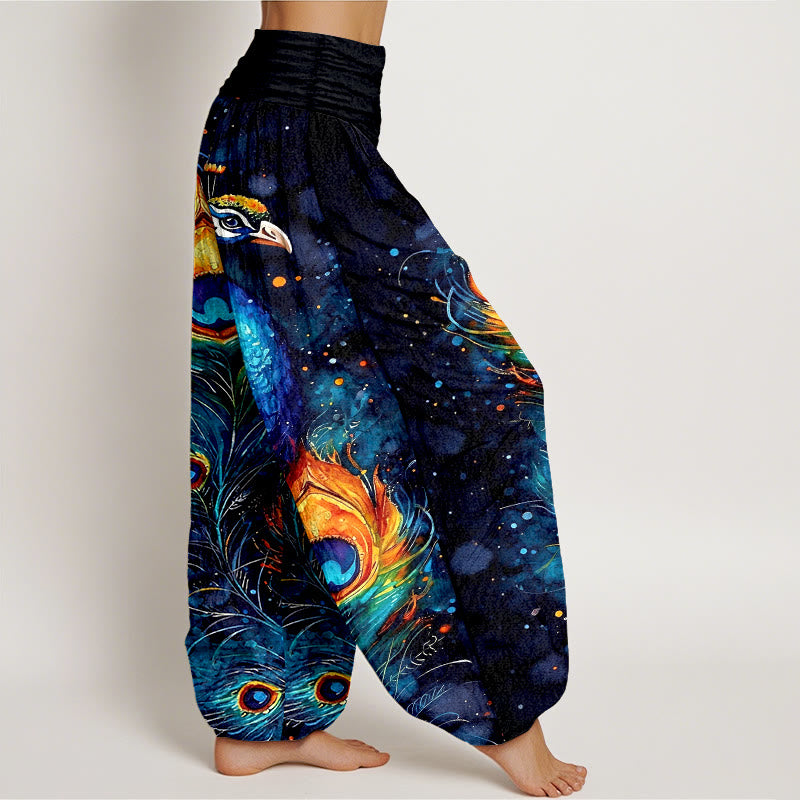 Buddha Stones Pantaloni harem da donna in cotone con motivo pavone e cielo stellato, con elastico in vita. - image 2
