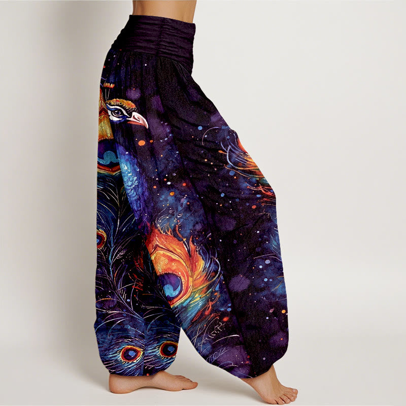 Buddha Stones Pantaloni harem da donna in cotone con motivo pavone e cielo stellato, con elastico in vita. - image 7