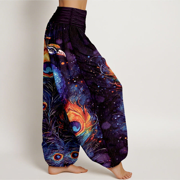 Buddha Stones Pantaloni harem da donna in cotone con motivo pavone e cielo stellato, con elastico in vita. - image 7
