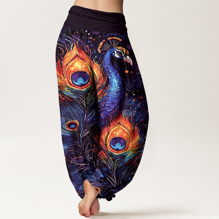 Buddha Stones Pantaloni harem da donna in cotone con motivo pavone e cielo stellato, con elastico in vita. - image 6