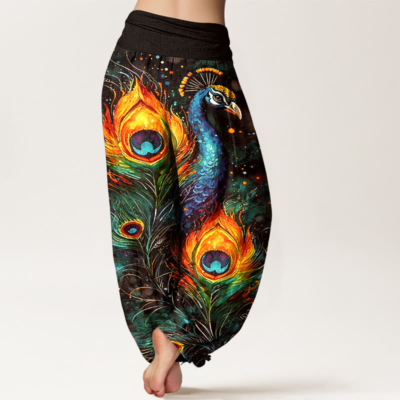 Buddha Stones Pantaloni harem da donna in cotone con motivo pavone e cielo stellato, con elastico in vita. - image 9