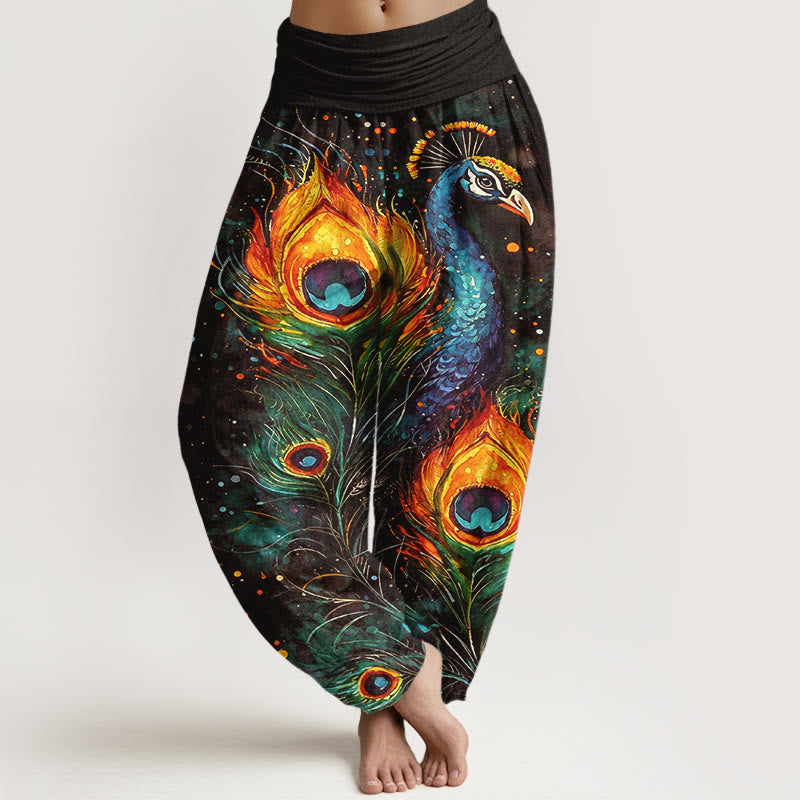 Buddha Stones Pantaloni harem da donna in cotone con motivo pavone e cielo stellato, con elastico in vita. - Verde oliva - US16, UK/AU20, EU48 (3XL) - image 8