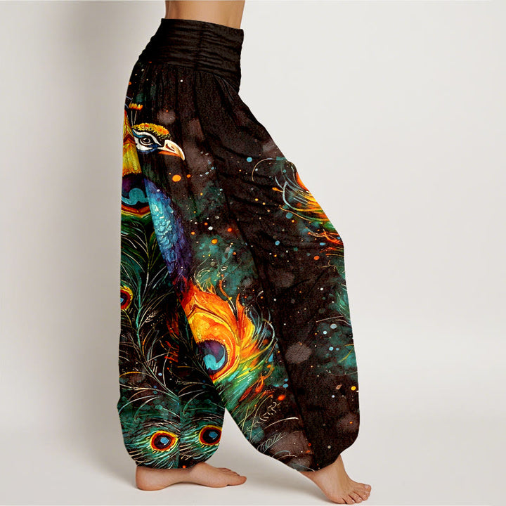 Buddha Stones Pantaloni harem da donna in cotone con motivo pavone e cielo stellato, con elastico in vita. - image 10