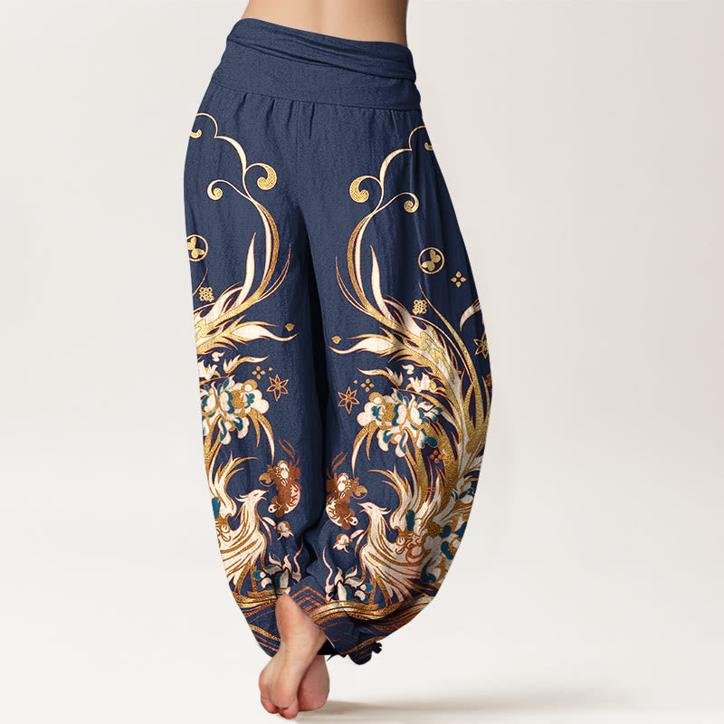 Buddha Stones Pantaloni harem da donna in cotone con motivo a farfalla fenice e fiori, con elastico in vita. - image 1