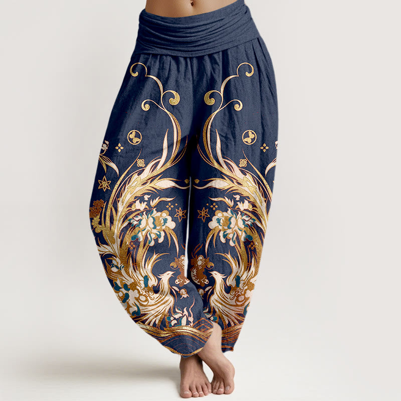 Buddha Stones Pantaloni harem da donna in cotone con motivo a farfalla fenice e fiori, con elastico in vita. - Blu scuro - US16, UK/AU20, EU48 (3XL) - image 0
