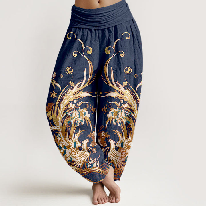 Buddha Stones Pantaloni harem da donna in cotone con motivo a farfalla fenice e fiori, con elastico in vita. - Blu scuro - US16, UK/AU20, EU48 (3XL) - image 0