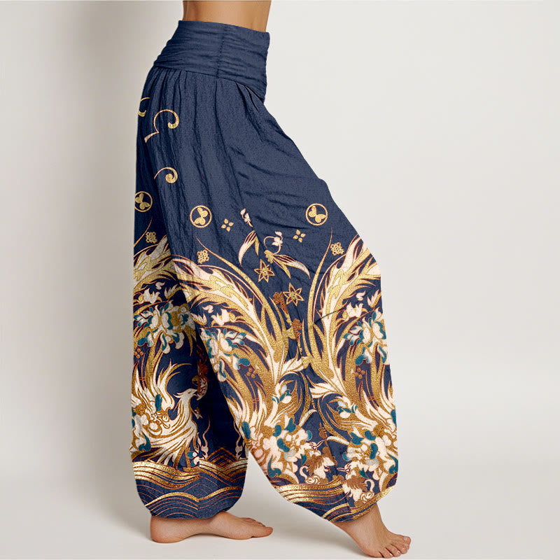 Buddha Stones Pantaloni harem da donna in cotone con motivo a farfalla fenice e fiori, con elastico in vita. - image 2