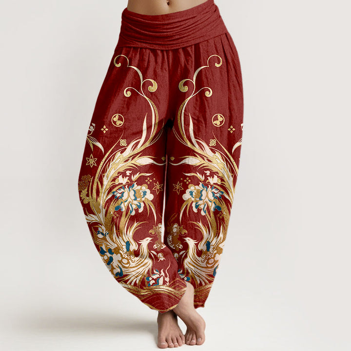 Buddha Stones Pantaloni harem da donna in cotone con motivo a farfalla fenice e fiori, con elastico in vita. - FireBrick - US16, UK/AU20, EU48 (3XL) - image 5