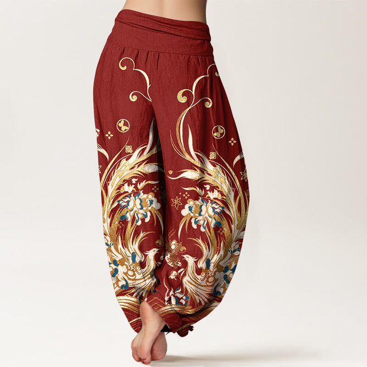 Buddha Stones Pantaloni harem da donna in cotone con motivo a farfalla fenice e fiori, con elastico in vita. - image 6
