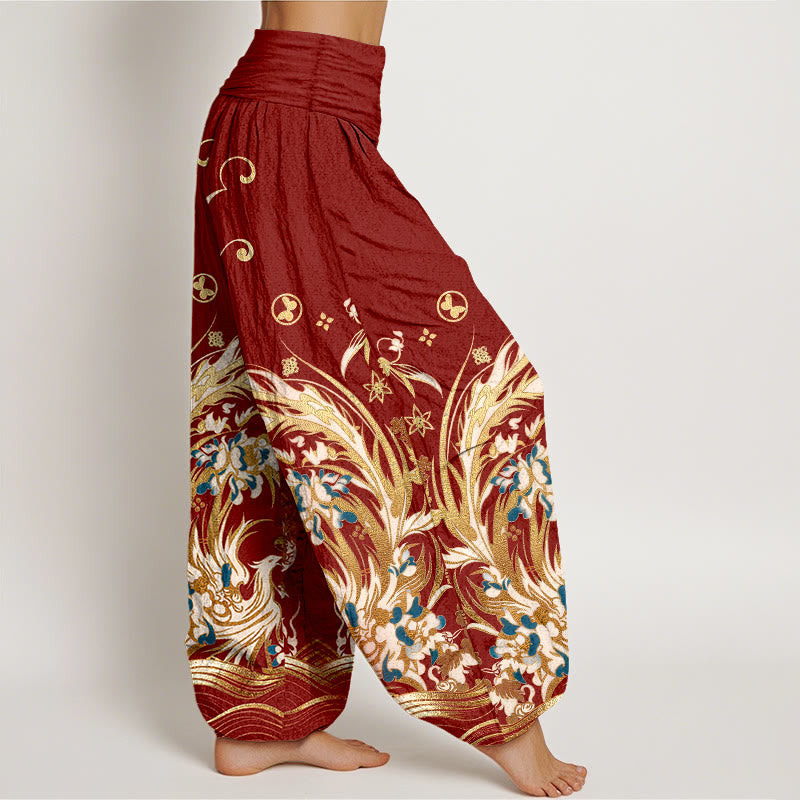 Buddha Stones Pantaloni harem da donna in cotone con motivo a farfalla fenice e fiori, con elastico in vita. - image 7