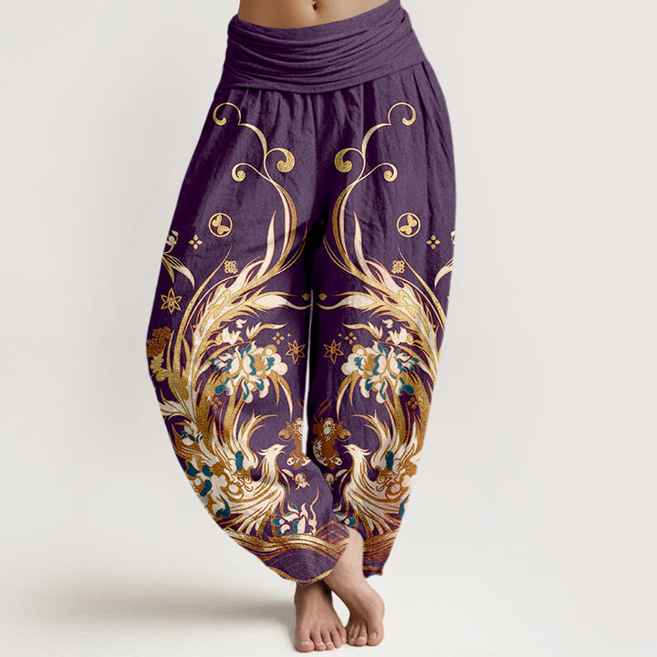 Buddha Stones Pantaloni harem da donna in cotone con motivo a farfalla fenice e fiori, con elastico in vita. - Indaco - US16, UK/AU20, EU48 (3XL) - image 8