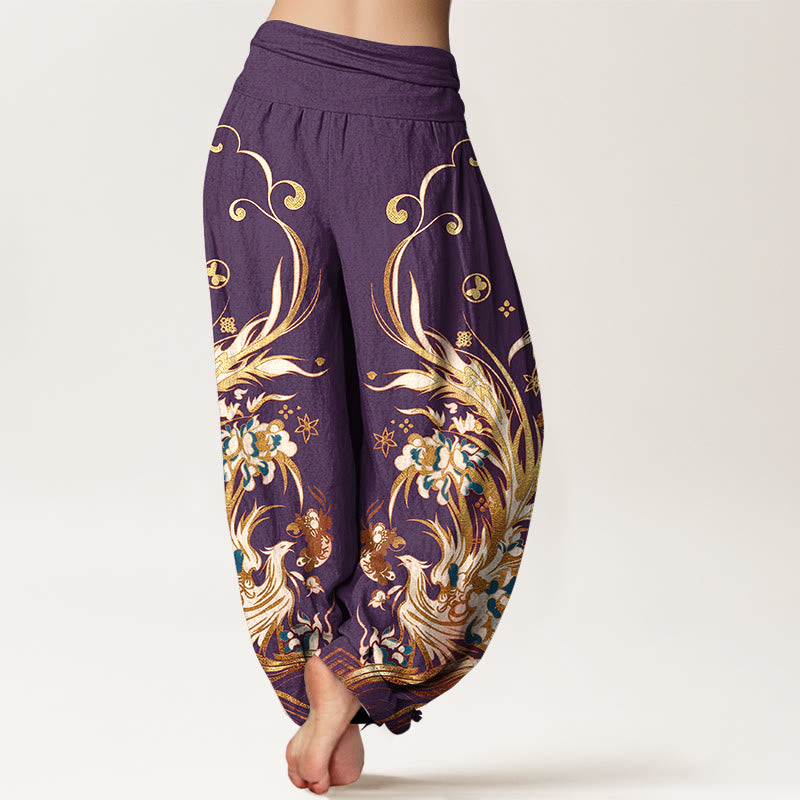 Buddha Stones Pantaloni harem da donna in cotone con motivo a farfalla fenice e fiori, con elastico in vita. - image 9
