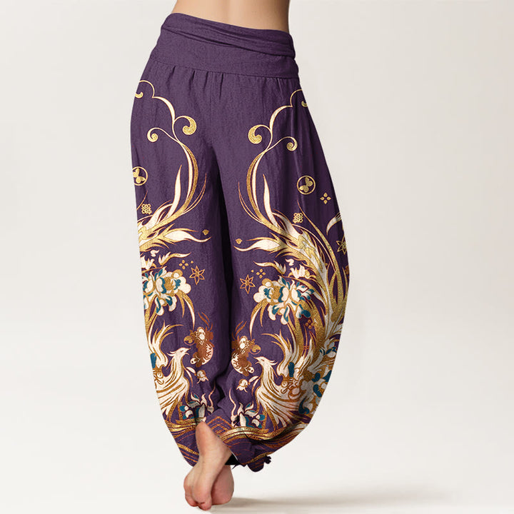 Buddha Stones Pantaloni harem da donna in cotone con motivo a farfalla fenice e fiori, con elastico in vita. - image 9