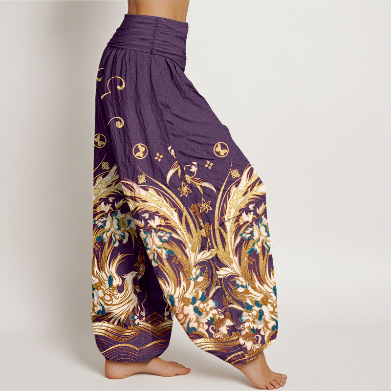 Buddha Stones Pantaloni harem da donna in cotone con motivo a farfalla fenice e fiori, con elastico in vita. - image 10