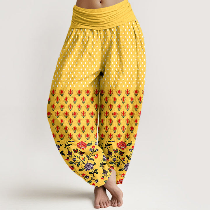 Buddha Stones Pantaloni harem da donna in cotone a pois rossi e viola con elastico in vita e fantasia floreale. - Oro - US16, UK/AU20, EU48 (3XL) - image 0