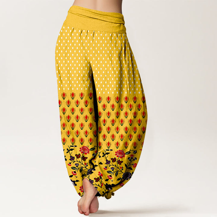 Buddha Stones Pantaloni harem da donna in cotone a pois rossi e viola con elastico in vita e fantasia floreale. - image 1