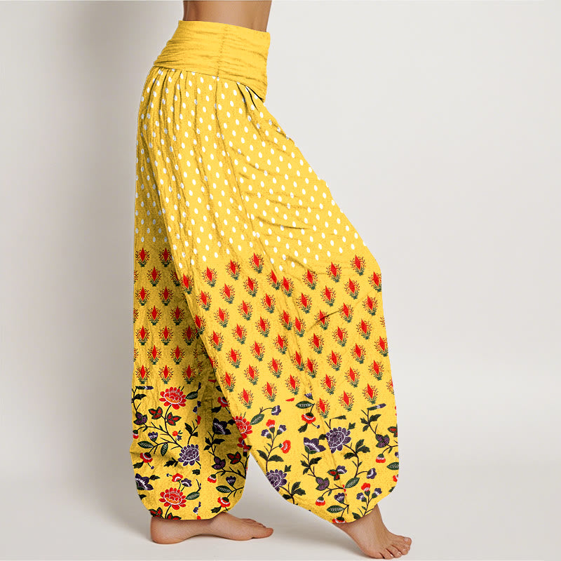 Buddha Stones Pantaloni harem da donna in cotone a pois rossi e viola con elastico in vita e fantasia floreale. - image 2