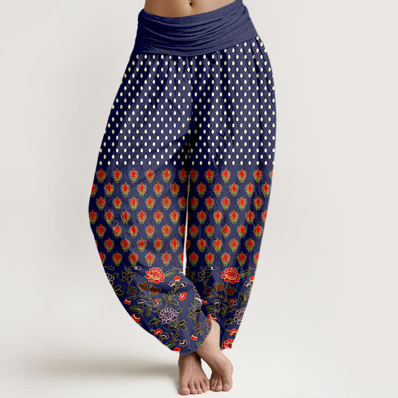 Buddha Stones Pantaloni harem da donna in cotone a pois rossi e viola con elastico in vita e fantasia floreale. - Blu mezzanotte - US16, UK/AU20, EU48 (3XL) - image 5