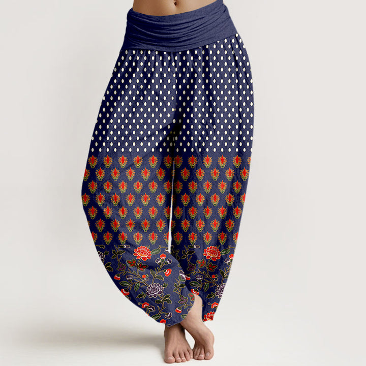 Buddha Stones Pantaloni harem da donna in cotone a pois rossi e viola con elastico in vita e fantasia floreale. - Blu mezzanotte - US16, UK/AU20, EU48 (3XL) - image 5