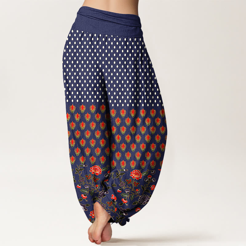 Buddha Stones Pantaloni harem da donna in cotone a pois rossi e viola con elastico in vita e fantasia floreale. - image 6