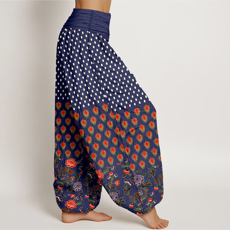 Buddha Stones Pantaloni harem da donna in cotone a pois rossi e viola con elastico in vita e fantasia floreale. - image 7