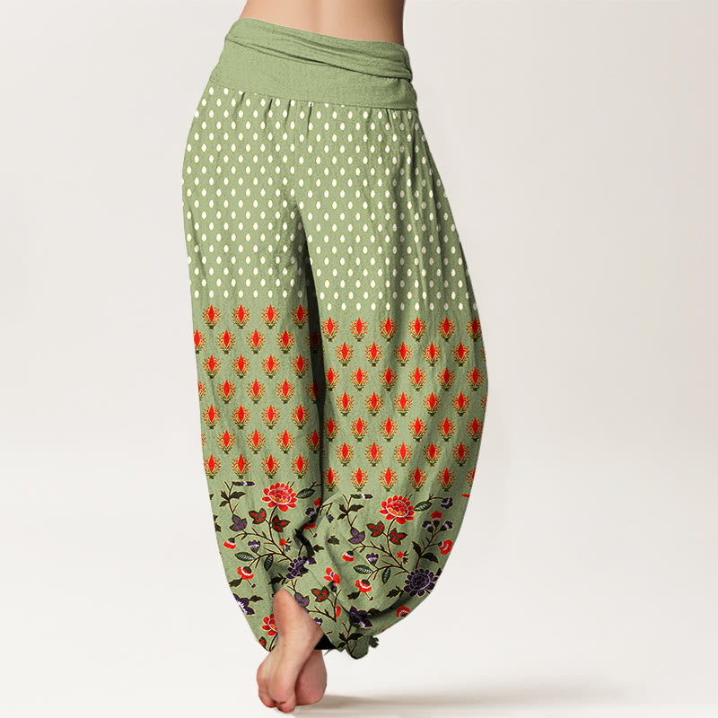 Buddha Stones Pantaloni harem da donna in cotone a pois rossi e viola con elastico in vita e fantasia floreale. - image 9