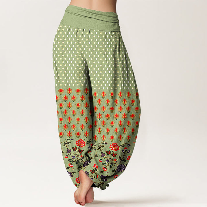 Buddha Stones Pantaloni harem da donna in cotone a pois rossi e viola con elastico in vita e fantasia floreale. - image 9