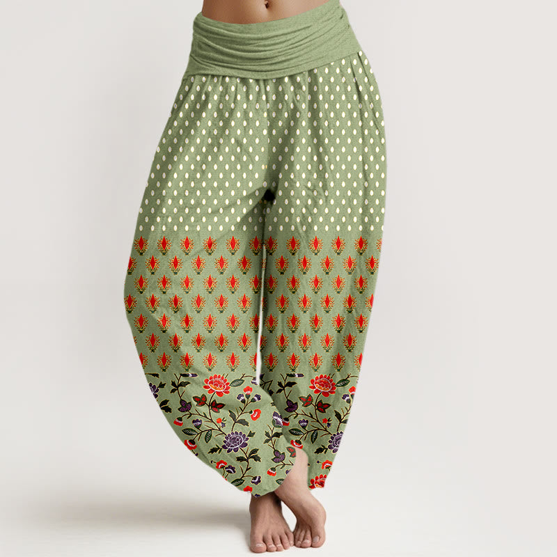 Buddha Stones Pantaloni harem da donna in cotone a pois rossi e viola con elastico in vita e fantasia floreale. - Verde Mare Scuro - US16, UK/AU20, EU48 (3XL) - image 8