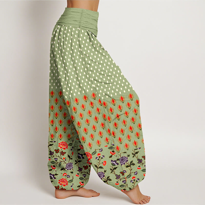 Buddha Stones Pantaloni harem da donna in cotone a pois rossi e viola con elastico in vita e fantasia floreale. - image 10