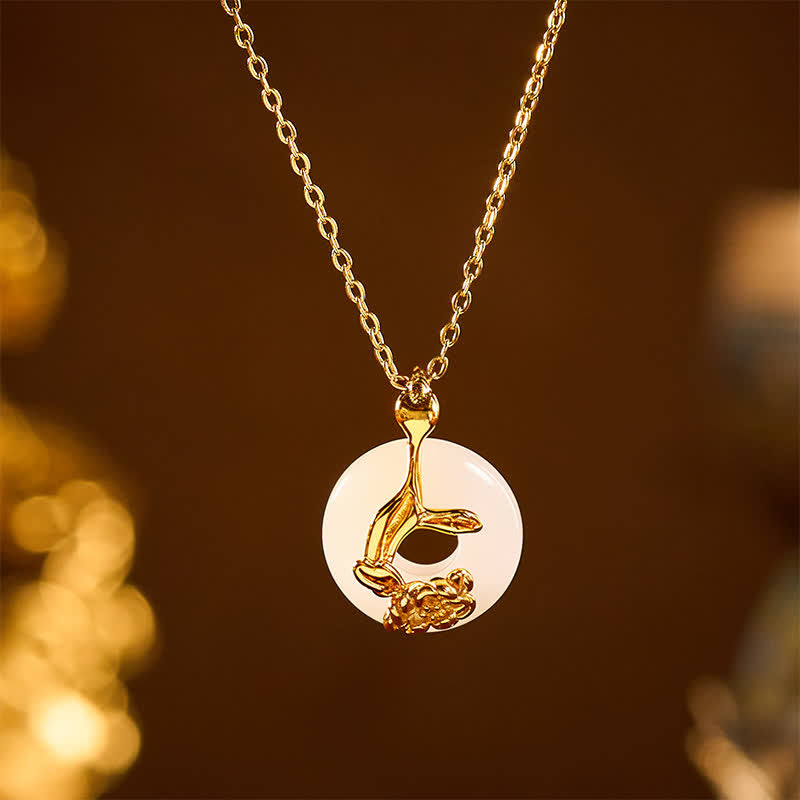Buddha Stones Collana con ciondolo a forma di peonia in argento sterling 925 con fibbia della pace e giada bianca Hetian, portafortuna. - image 1