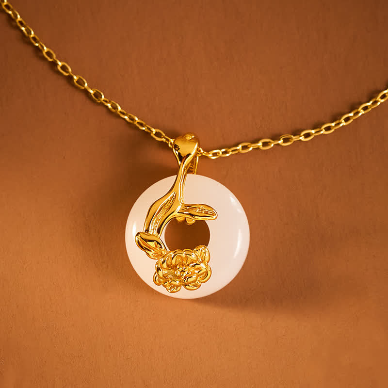 Buddha Stones Collana con ciondolo a forma di peonia in argento sterling 925 con fibbia della pace e giada bianca Hetian, portafortuna. - image 2