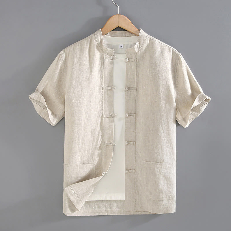 Abito Tang vintage con bottoni a rana cinesi e tasche, modello vintage con Buddha Stones. - Beige - US/UK/AU46, EU56 (5XL) - image 0