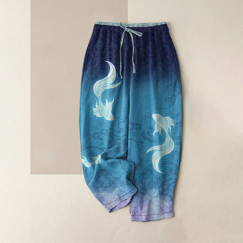 Buddha Stones Pantaloni da donna in puro cotone con elastico in vita e tasche, fantasia a onde con pesci koi. - Blu scuro - US16, UK/AU20, EU48 (3XL) - image 0